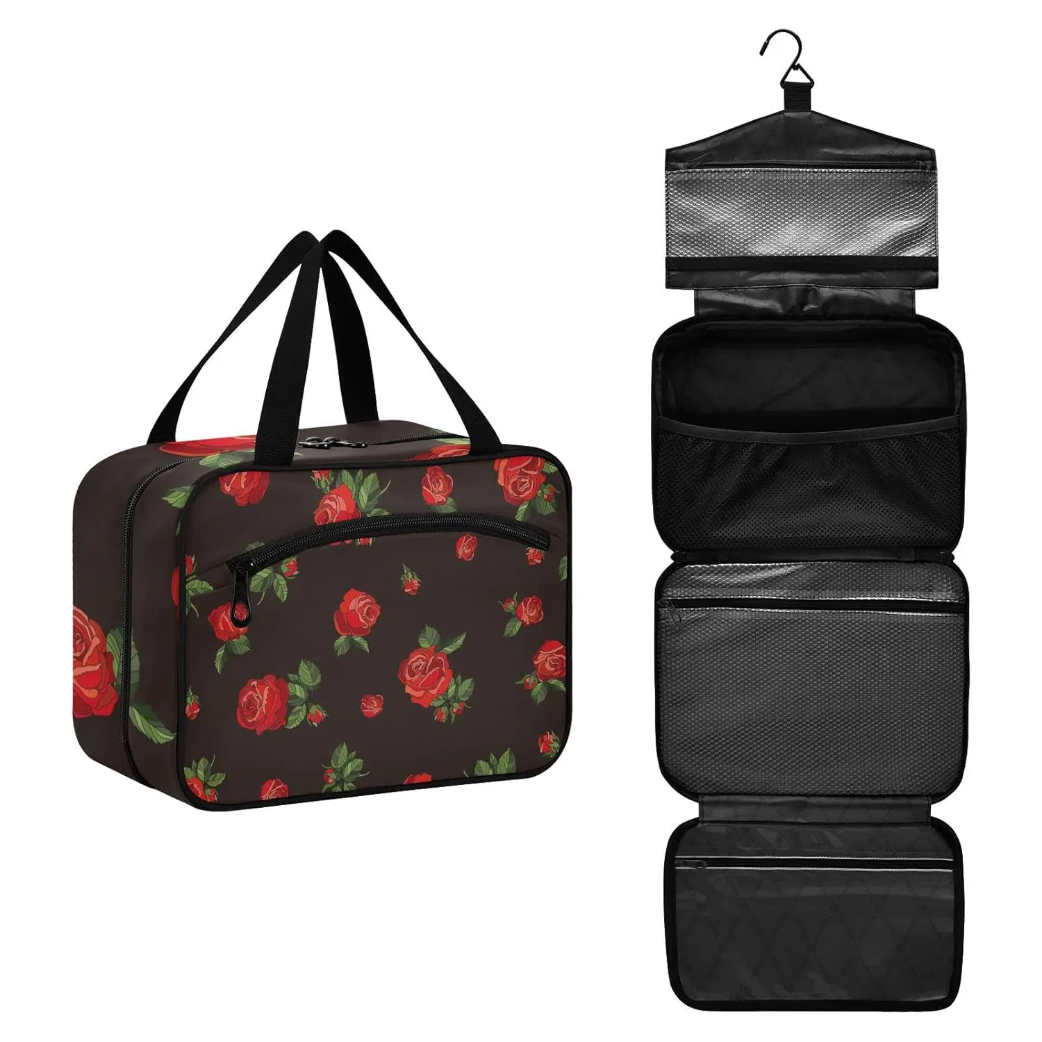 susiyo Red Rose Floral on Black Toiletry Bags with Hanging Hook Foldable Cosmetic Bag Travel Accessories - Medium