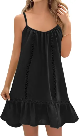 Swimsuit Coverup for Women Spaghetti Straps Ruffle Mini Dress Vacation Beach Cover Ups Casual Sundresses