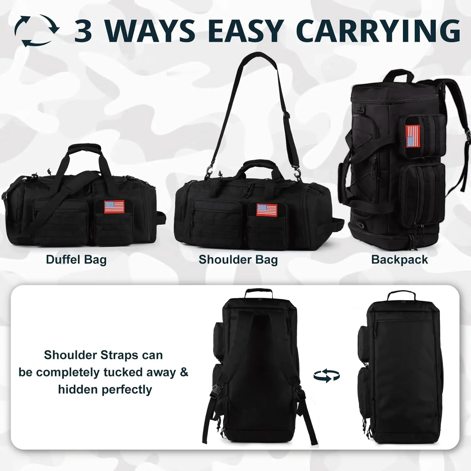 Tactical Gym Bag for Men50L Large 3 in 1 Sports Duffle Bag with Shoes Compartment for Travel,Water Resistant Travel Backpack Weekender Overnight Bag with Wet Pocket for Women