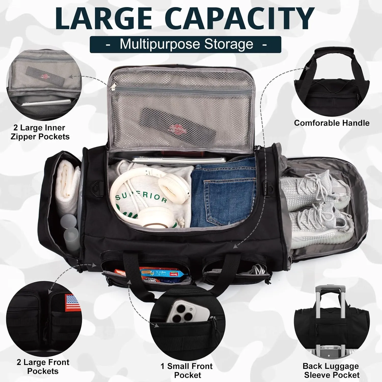 Tactical Gym Bag for Men50L Large 3 in 1 Sports Duffle Bag with Shoes Compartment for Travel,Water Resistant Travel Backpack Weekender Overnight Bag with Wet Pocket for Women