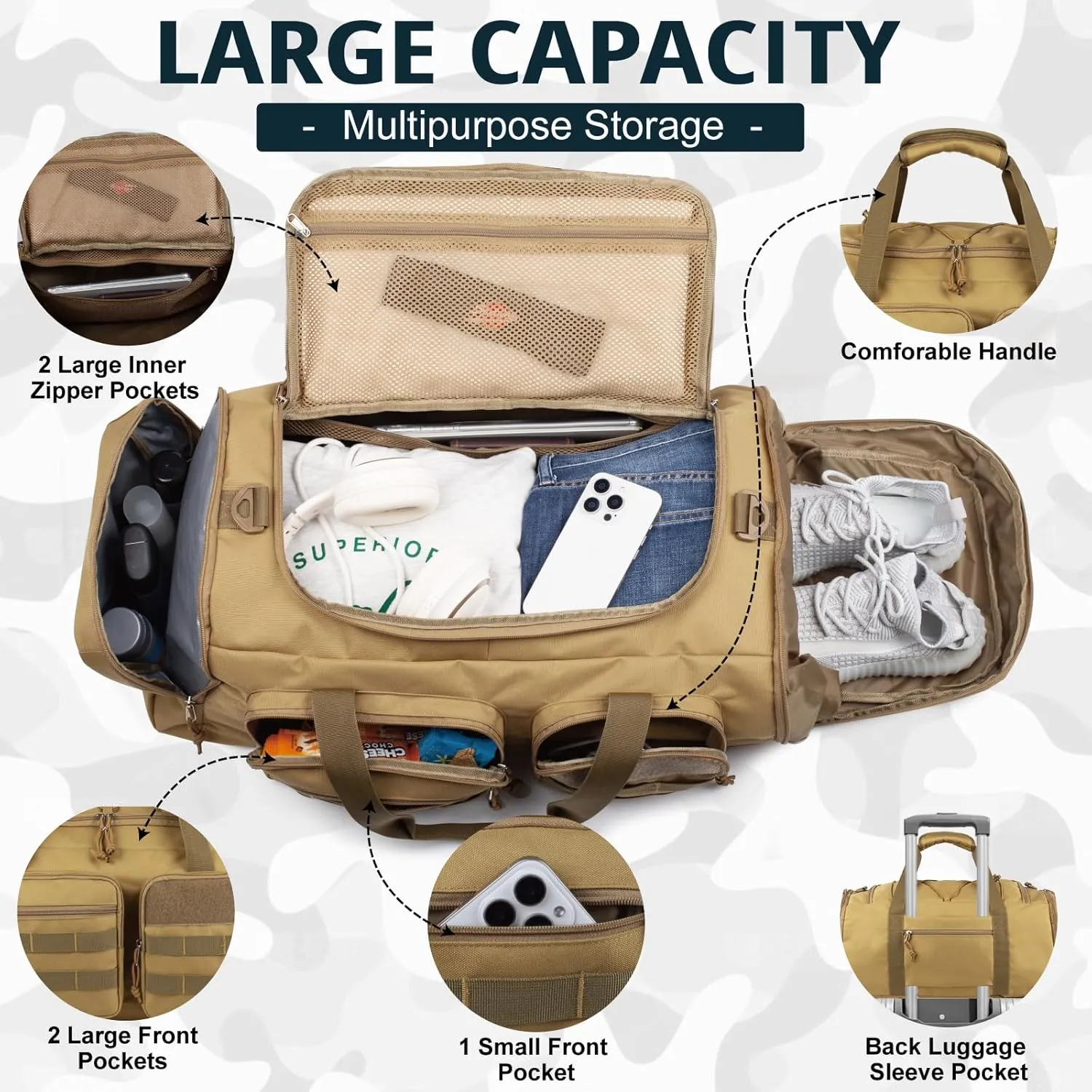 Tactical Gym Bag for Men50L Large 3 in 1 Sports Duffle Bag with Shoes Compartment for Travel,Water Resistant Travel Backpack Weekender Overnight Bag with Wet Pocket for Women