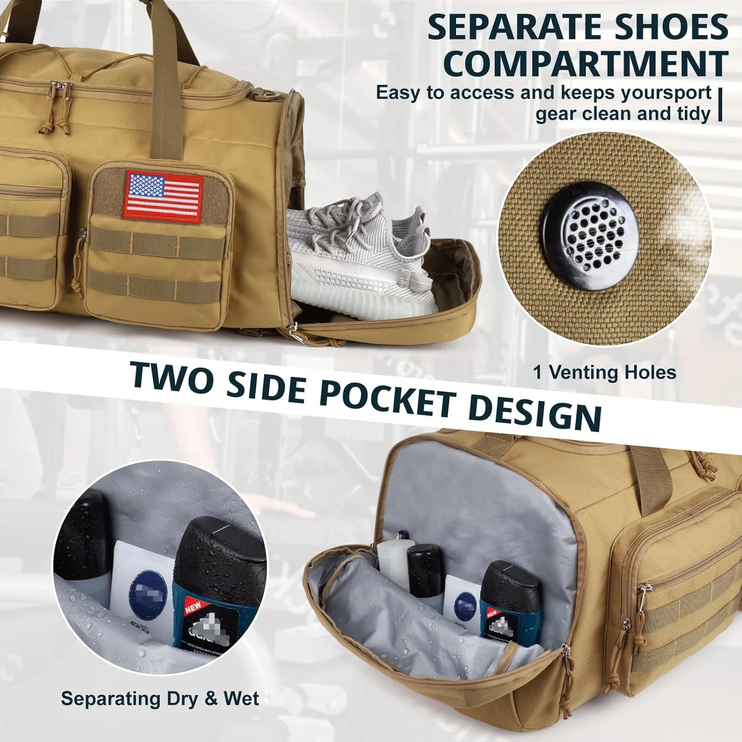 Tactical Gym Bag for Men50L Large 3 in 1 Sports Duffle Bag with Shoes Compartment for Travel,Water Resistant Travel Backpack Weekender Overnight Bag with Wet Pocket for Women