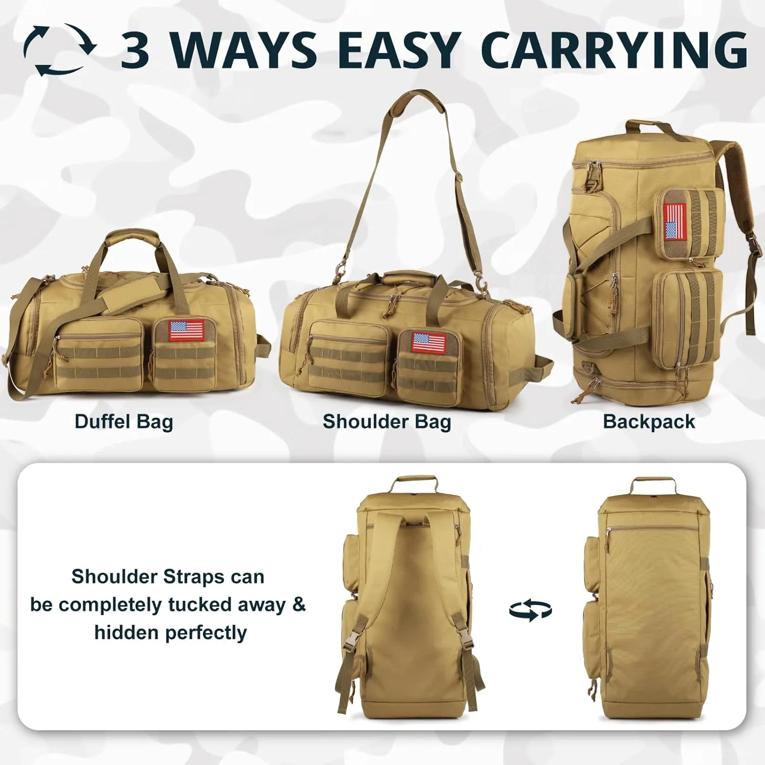 Tactical Gym Bag for Men50L Large 3 in 1 Sports Duffle Bag with Shoes Compartment for Travel,Water Resistant Travel Backpack Weekender Overnight Bag with Wet Pocket for Women