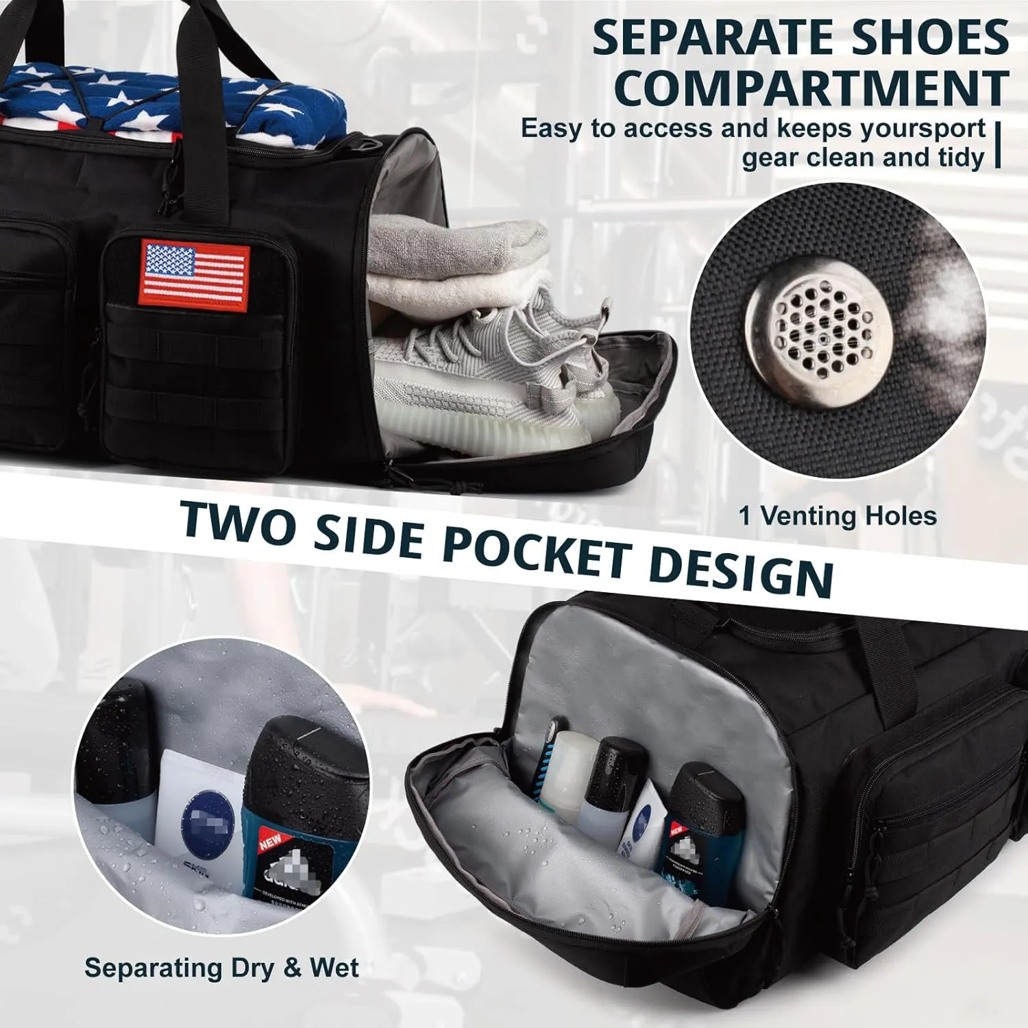 Tactical Gym Bag for Men50L Large 3 in 1 Sports Duffle Bag with Shoes Compartment for Travel,Water Resistant Travel Backpack Weekender Overnight Bag with Wet Pocket for Women
