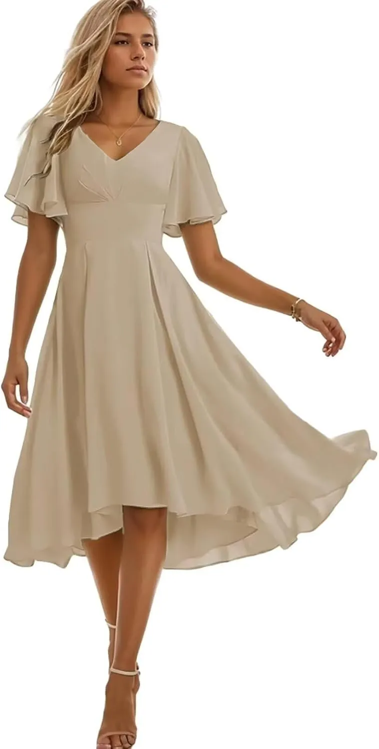 Tea Length Bridesmaid Dresses for Wedding High Low Chiffon Formal Evening Dresses for Women