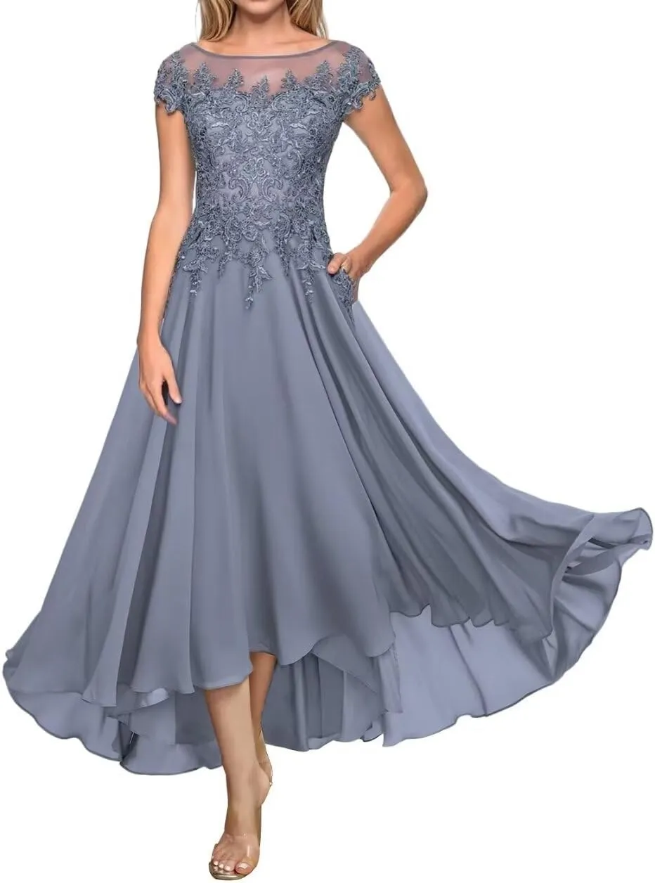 Tea Length Mother of The Bride Dresses with Sleeves Lace Appliques Formal Dresses for Wedding Guest