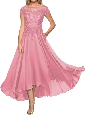 Tea Length Mother of The Bride Dresses with Sleeves Lace Appliques Formal Dresses for Wedding Guest
