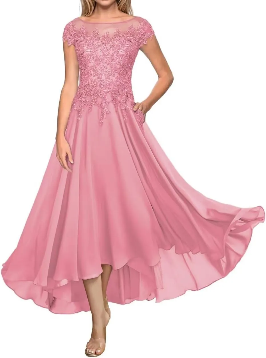 Tea Length Mother of The Bride Dresses with Sleeves Lace Appliques Formal Dresses for Wedding Guest