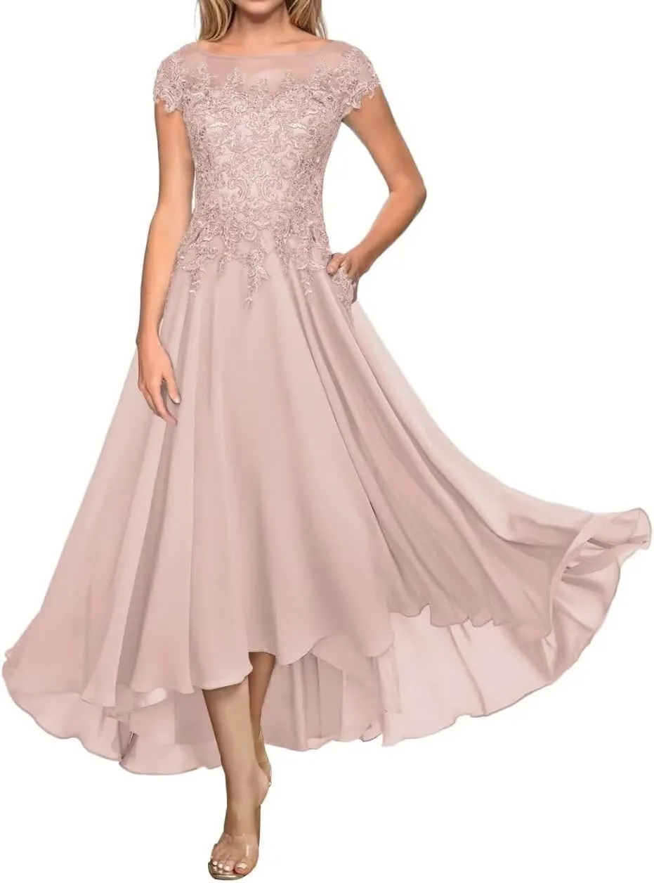 Tea Length Mother of The Bride Dresses with Sleeves Lace Appliques Formal Dresses for Wedding Guest