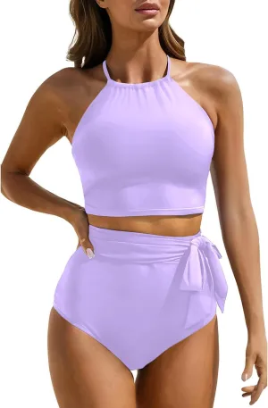 Tempt Me Women High Waisted Bikini Sets Two Piece Swimsuit High Neck Tummy Control Bathing Suits with Tie Side Knot Bottom