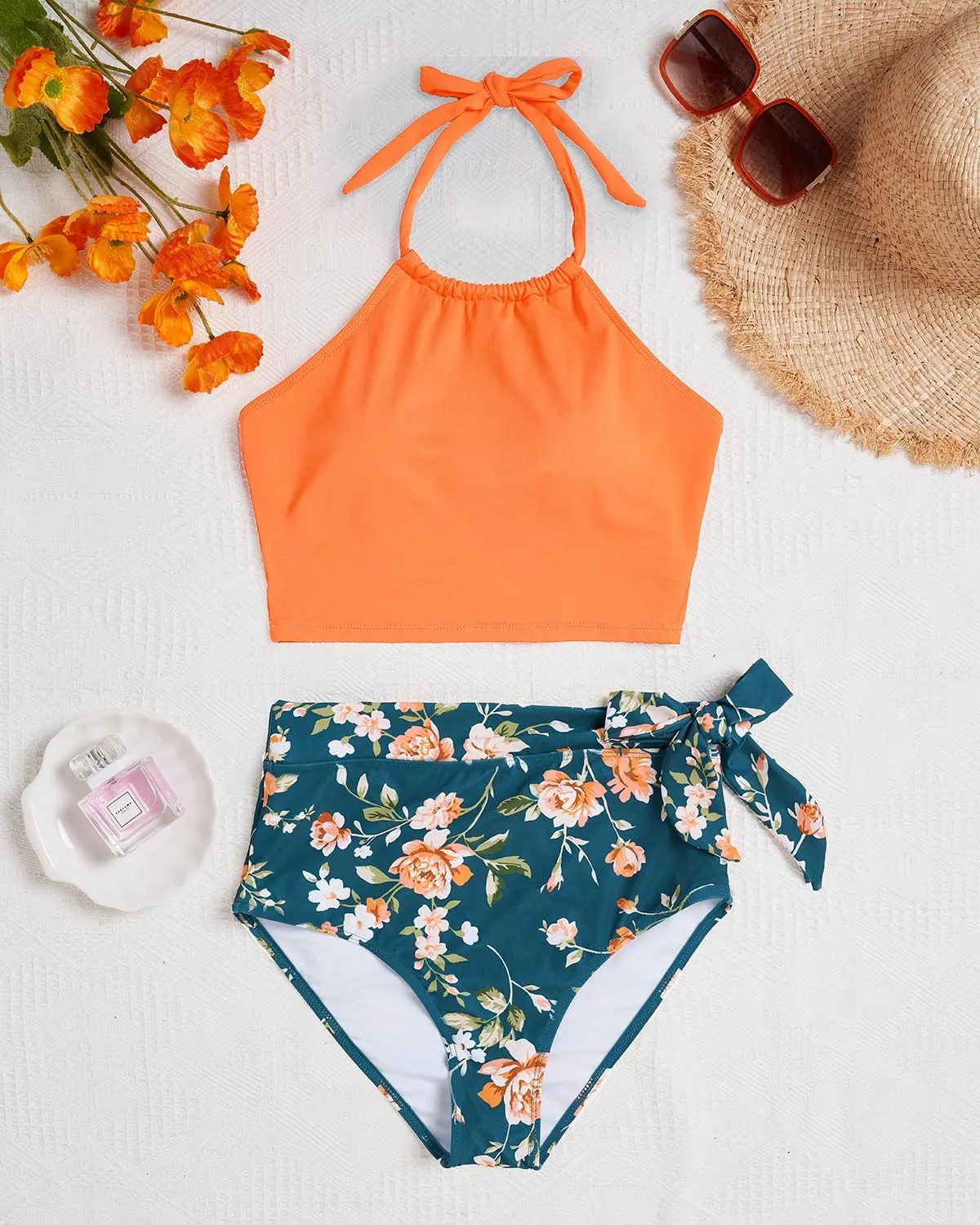 Tempt Me Women High Waisted Bikini Sets Two Piece Swimsuit High Neck Tummy Control Bathing Suits with Tie Side Knot Bottom