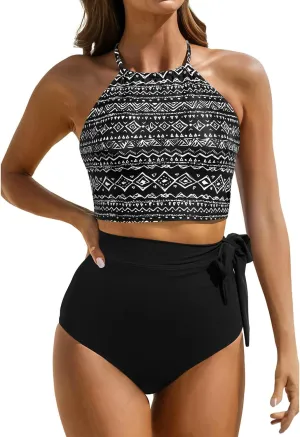 Tempt Me Women High Waisted Bikini Sets Two Piece Swimsuit High Neck Tummy Control Bathing Suits with Tie Side Knot Bottom