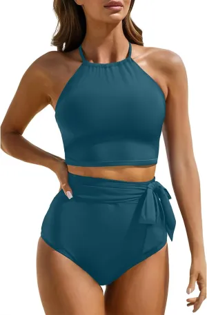 Tempt Me Women High Waisted Bikini Sets Two Piece Swimsuit High Neck Tummy Control Bathing Suits with Tie Side Knot Bottom