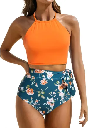 Tempt Me Women High Waisted Bikini Sets Two Piece Swimsuit High Neck Tummy Control Bathing Suits with Tie Side Knot Bottom