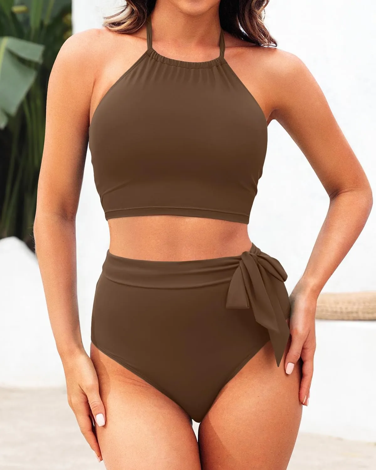 Tempt Me Women High Waisted Bikini Sets Two Piece Swimsuit High Neck Tummy Control Bathing Suits with Tie Side Knot Bottom