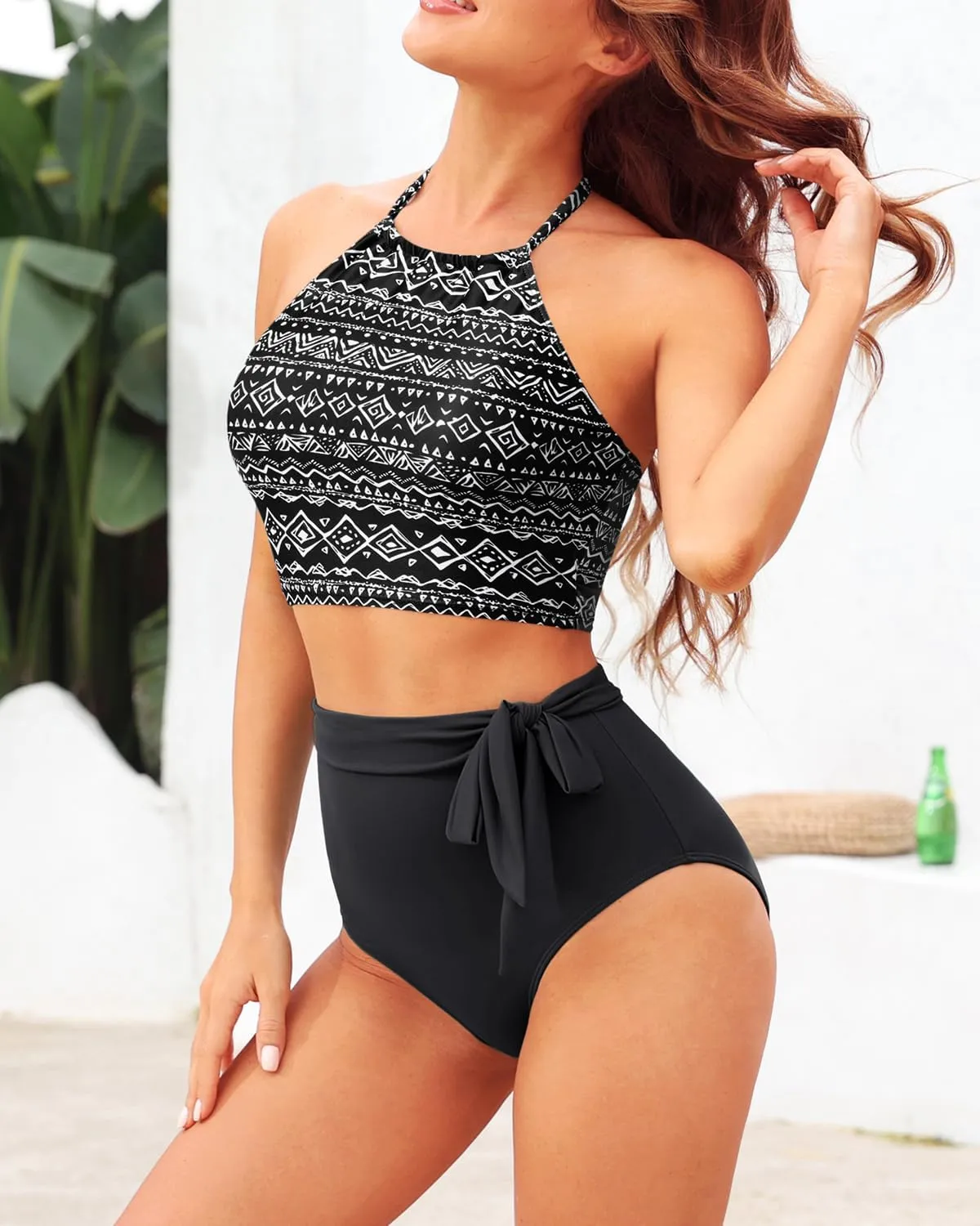 Tempt Me Women High Waisted Bikini Sets Two Piece Swimsuit High Neck Tummy Control Bathing Suits with Tie Side Knot Bottom