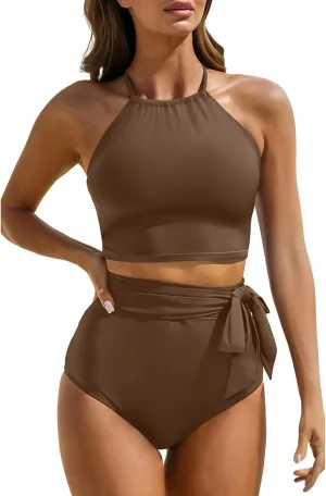 Tempt Me Women High Waisted Bikini Sets Two Piece Swimsuit High Neck Tummy Control Bathing Suits with Tie Side Knot Bottom