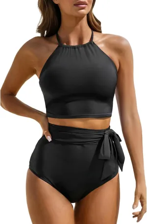 Tempt Me Women High Waisted Bikini Sets Two Piece Swimsuit High Neck Tummy Control Bathing Suits with Tie Side Knot Bottom