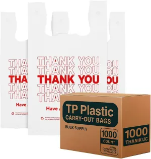 Thank You T-Shirt Bags 1000 Count, 11.5" x 6.5" x 22", Heavy Duty White Grocery Carry-Out with Handles for Restaurant, Retail, Takeout, Shopping, Convenience Store, Disposable Plastic Use