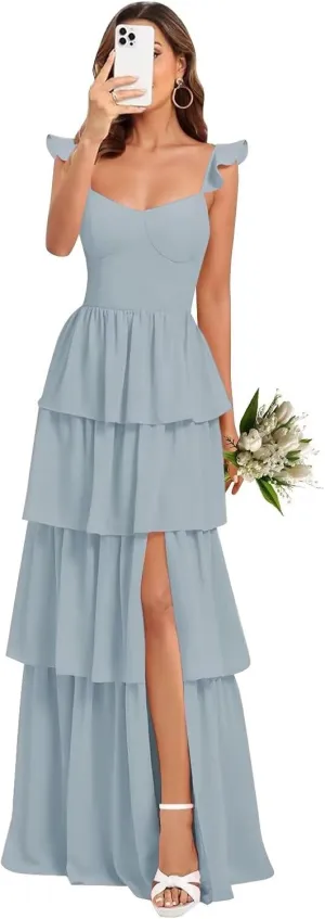 Tiered Ruffles Bridesmaid Dresses for Women 2025 Chiffon Formal Evening Dresses with Slit