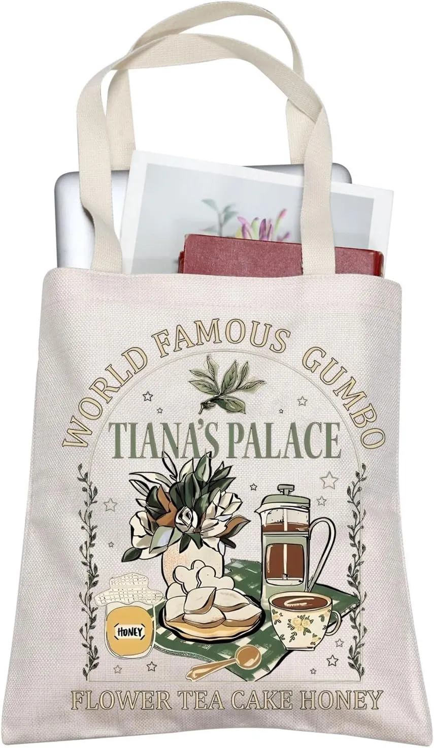 TOBGBE Princess Tiana Flower Tea Cake Honey Tote Bag Frog Gifts For Princess Cartoon Movie Merchandise
