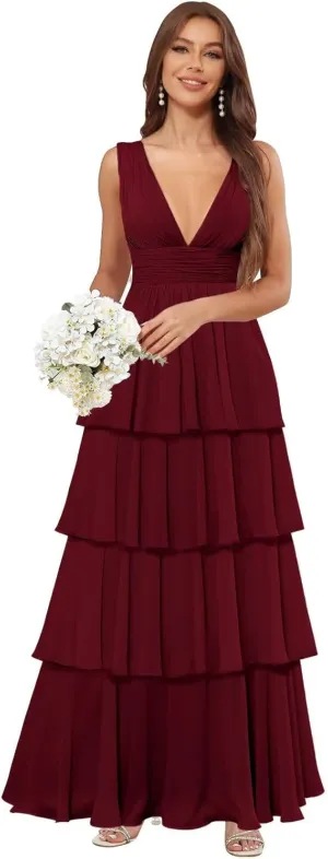 TORYEMY Chiffon V Neck Bridesmaid Dresses Long Ruffle Tiered Prom Dress A Line Formal Evening Gown for Women