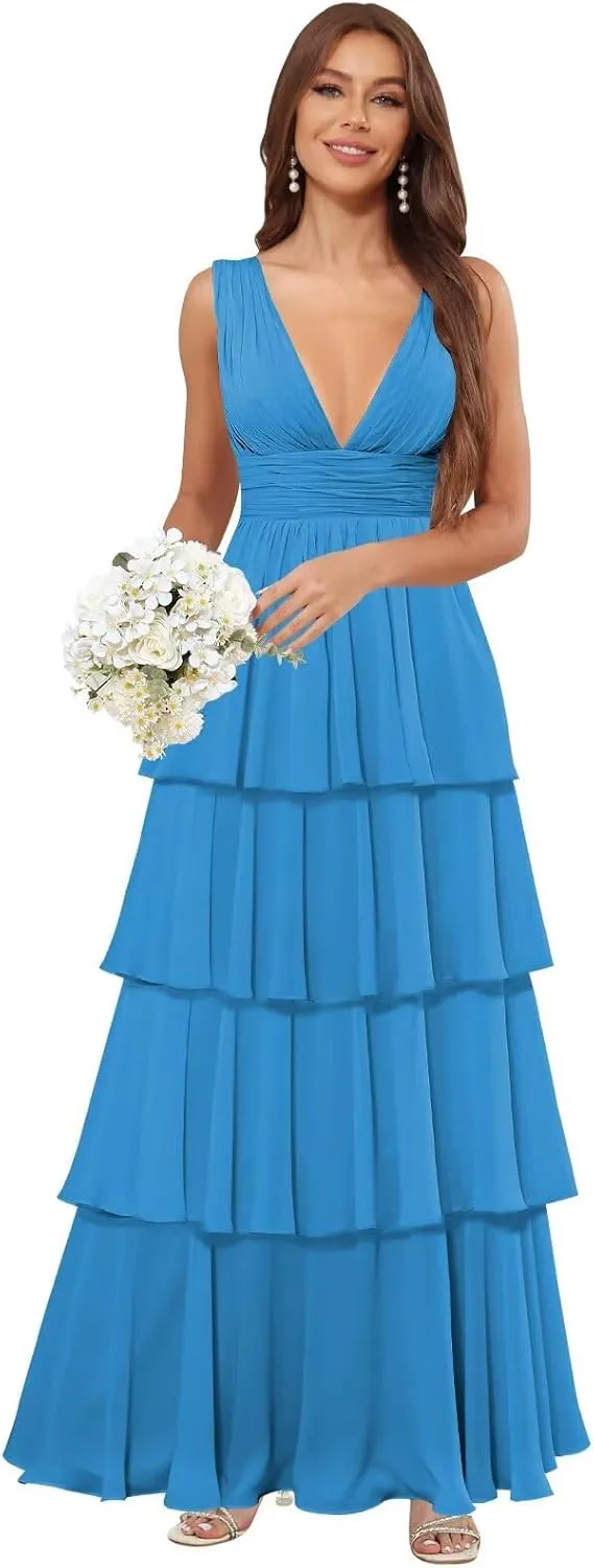 TORYEMY Chiffon V Neck Bridesmaid Dresses Long Ruffle Tiered Prom Dress A Line Formal Evening Gown for Women