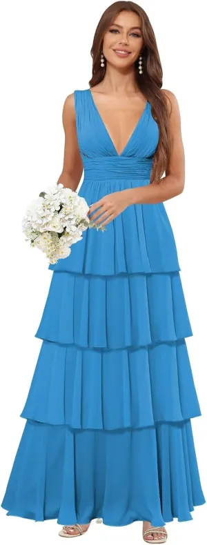 TORYEMY Chiffon V Neck Bridesmaid Dresses Long Ruffle Tiered Prom Dress A Line Formal Evening Gown for Women