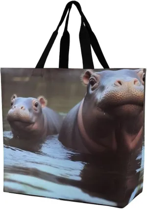 Tote Bag,Painted Foldable Shopping Tote Bag,washable Coating Groceries Storage Baby Hippos Bags for Shopping Or Travel