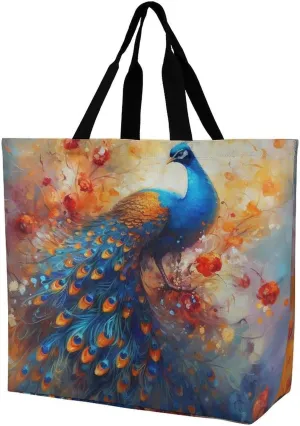 Tote Bag,Painted Foldable Shopping Tote Bag,washable Coating Groceries Storage Peacock Bags for Shopping Or Travel