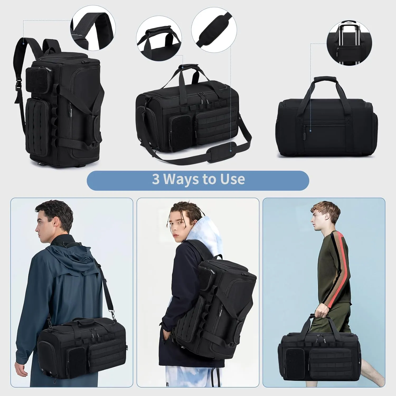 Travel Bag for Men, Gym Bag &Tactical Duffle Bag Backpack with Shoe Compartment,Weekender Overnight Range Bag for Workout Football Gym, Black