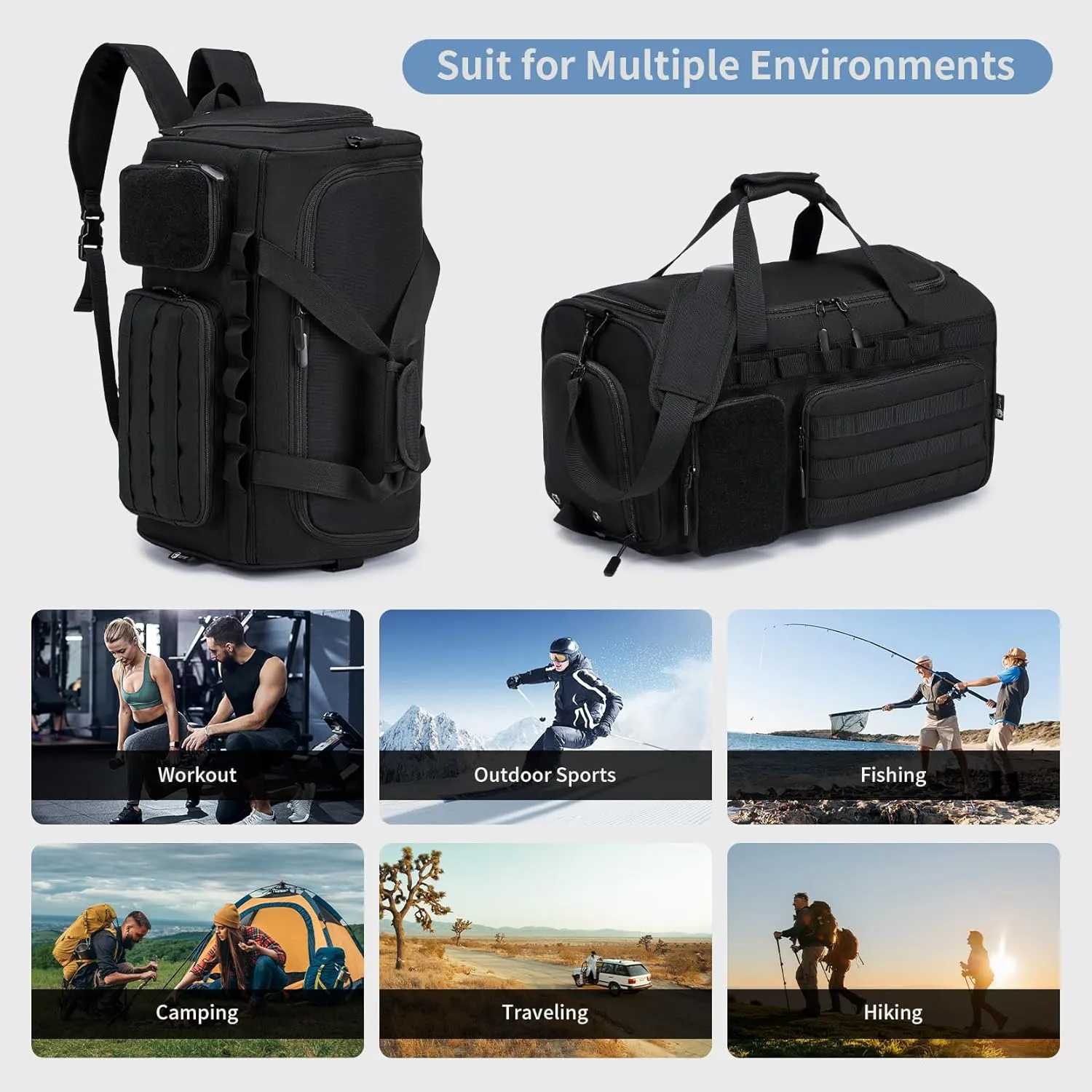 Travel Bag for Men, Gym Bag &Tactical Duffle Bag Backpack with Shoe Compartment,Weekender Overnight Range Bag for Workout Football Gym, Black