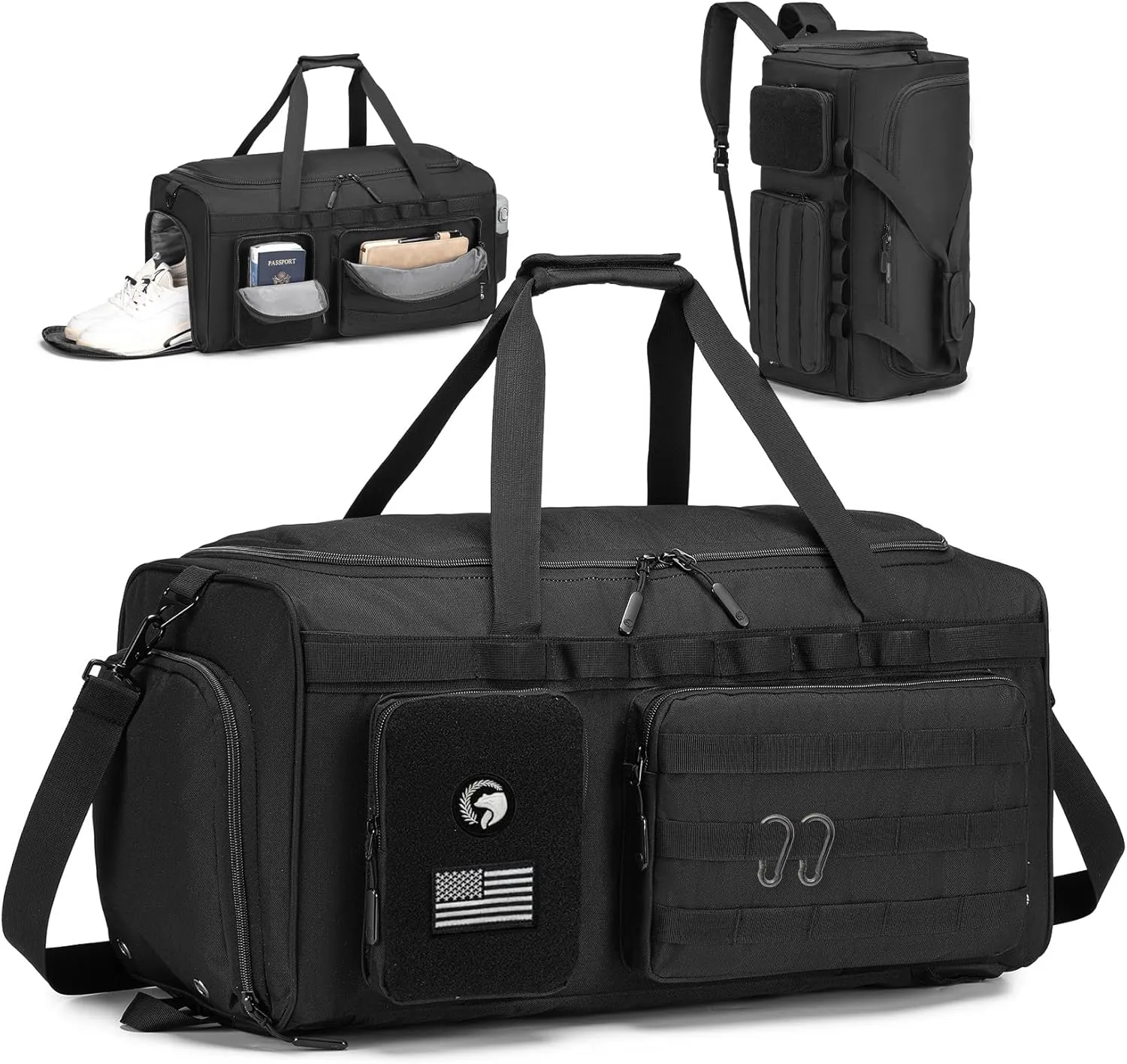 Travel Bag for Men, Gym Bag &Tactical Duffle Bag Backpack with Shoe Compartment,Weekender Overnight Range Bag for Workout Football Gym, Black