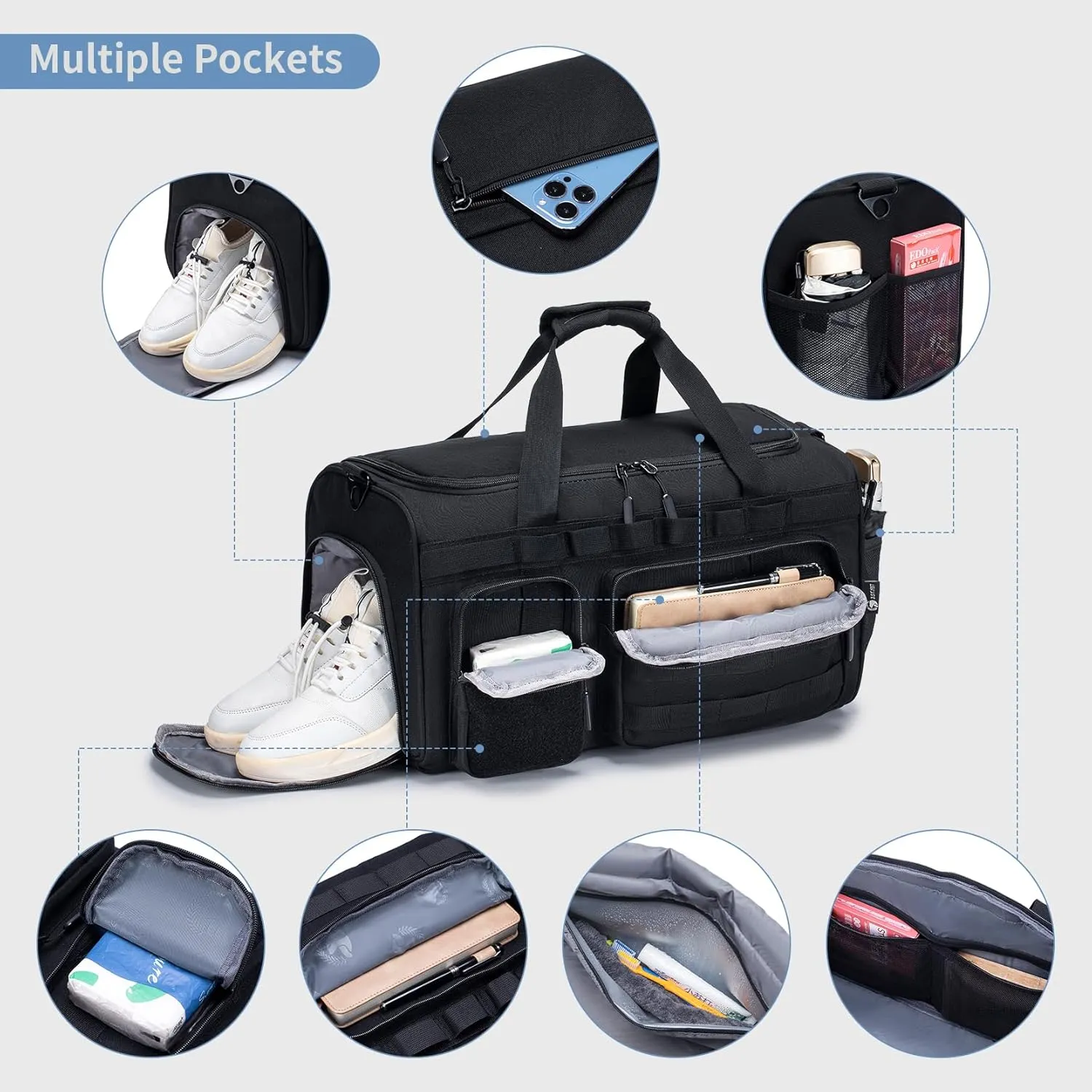Travel Bag for Men, Gym Bag &Tactical Duffle Bag Backpack with Shoe Compartment,Weekender Overnight Range Bag for Workout Football Gym, Black