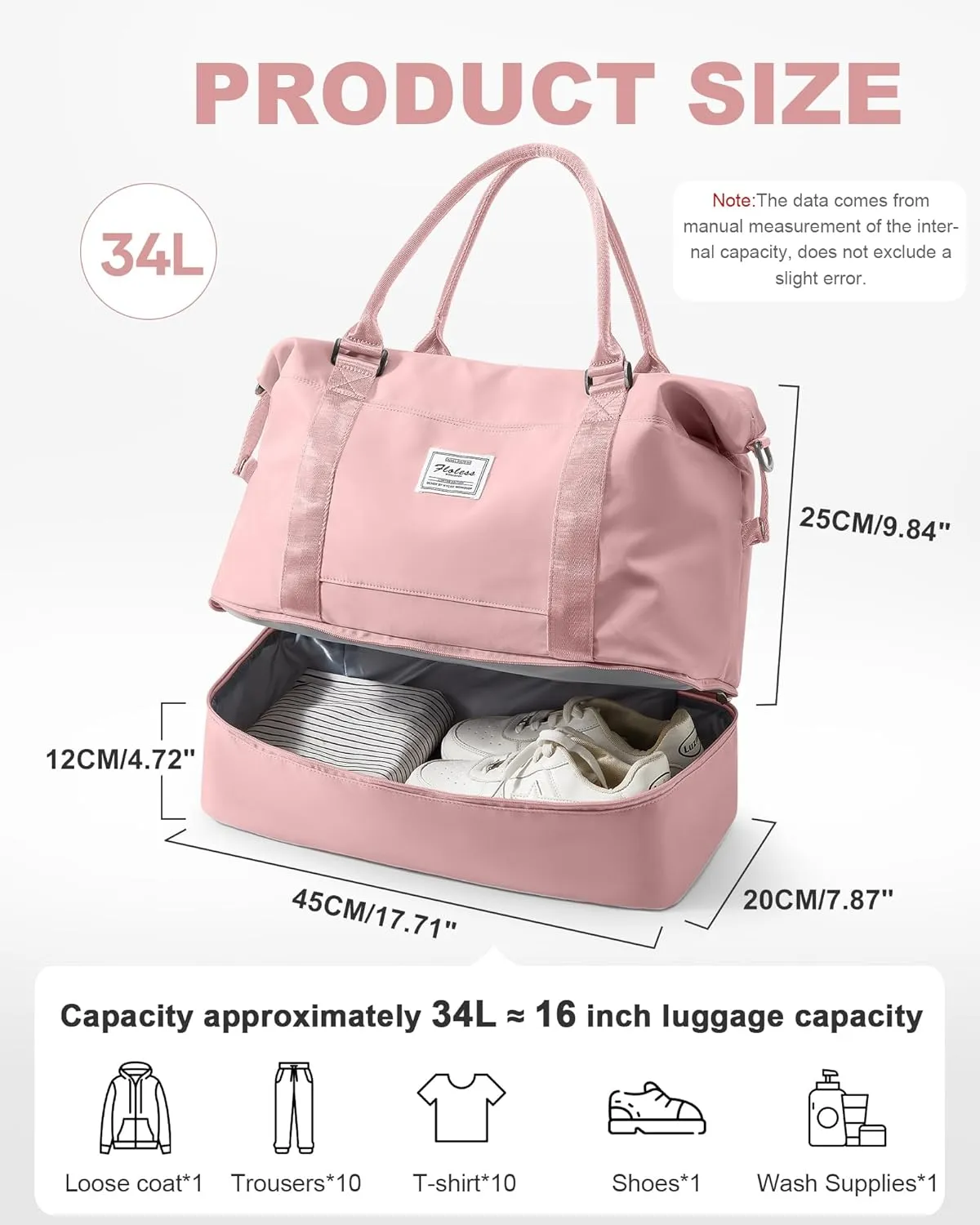 Travel Duffel Bag, 18x14x8 Inches Travel Bag Spirit with Shoes Compartment, Weekender Overnight Bag for Women with Trolley Sleeve, Carry On Bag for Airplanes Sport Tote Gym Bag Pink