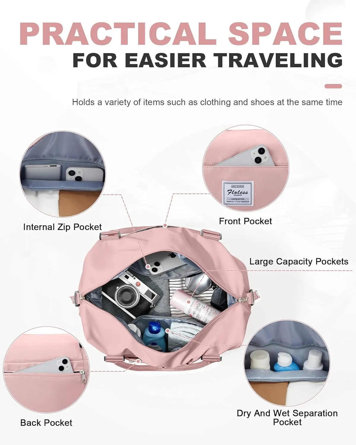 Travel Duffel Bag, 18x14x8 Inches Travel Bag Spirit with Shoes Compartment, Weekender Overnight Bag for Women with Trolley Sleeve, Carry On Bag for Airplanes Sport Tote Gym Bag Pink