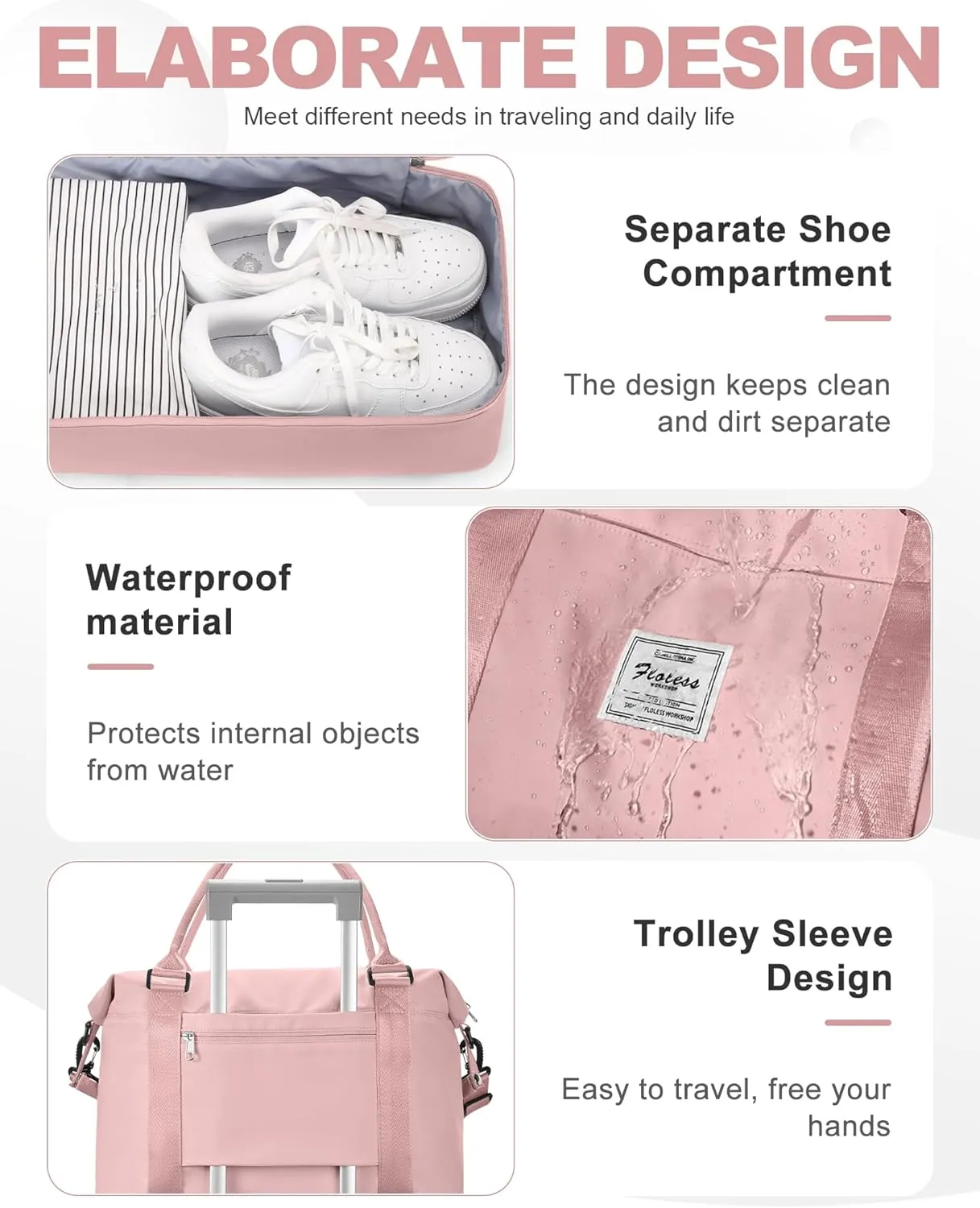Travel Duffel Bag, 18x14x8 Inches Travel Bag Spirit with Shoes Compartment, Weekender Overnight Bag for Women with Trolley Sleeve, Carry On Bag for Airplanes Sport Tote Gym Bag Pink
