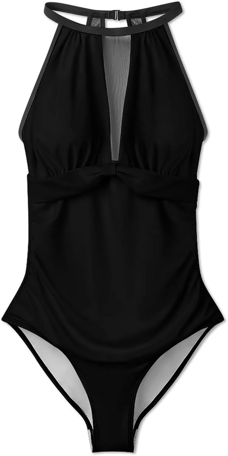 Tummy Control Swimsuits for Women Slimming One Piece Bathing Suit Retro Halter Push Up Swimwear