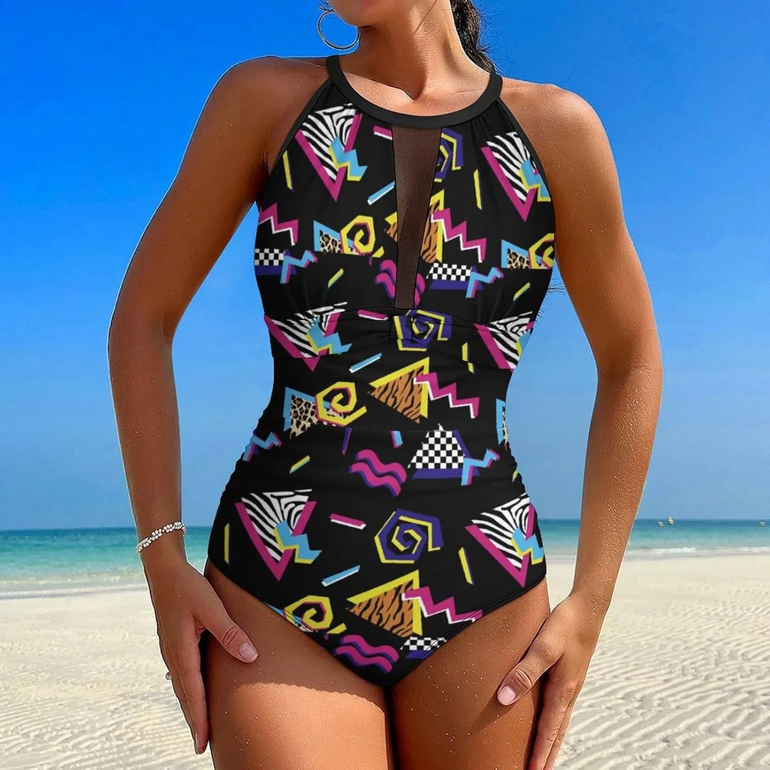 Tummy Control Swimsuits for Women Slimming One Piece Bathing Suit Retro Halter Push Up Swimwear