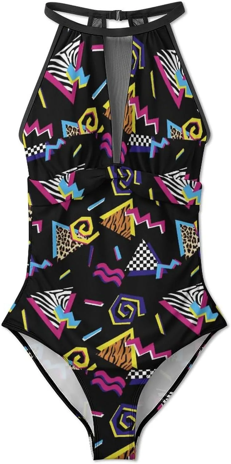 Tummy Control Swimsuits for Women Slimming One Piece Bathing Suit Retro Halter Push Up Swimwear