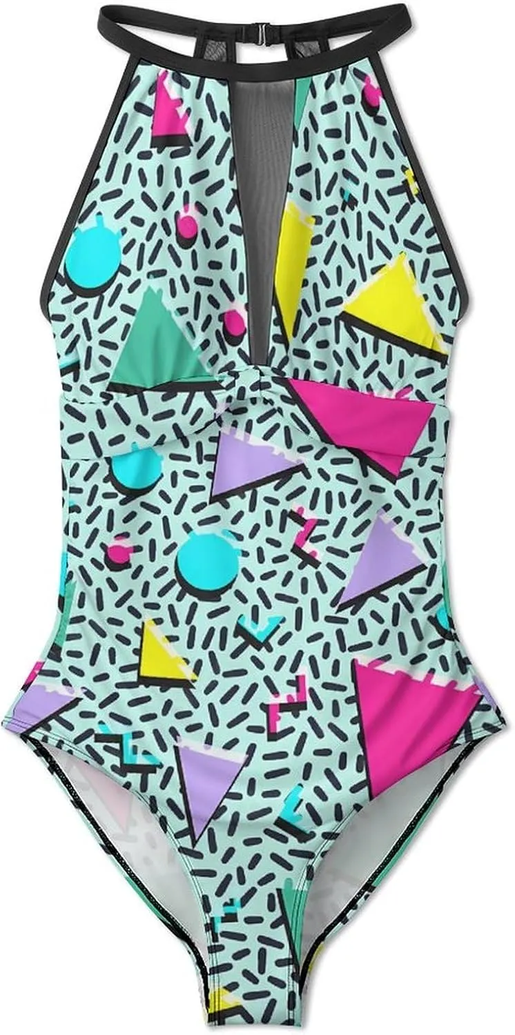 Tummy Control Swimsuits for Women Slimming One Piece Bathing Suit Retro Halter Push Up Swimwear