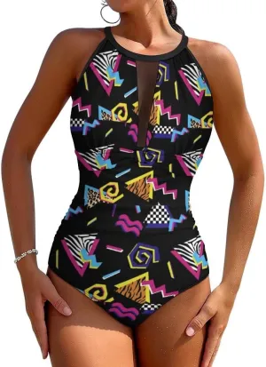 Tummy Control Swimsuits for Women Slimming One Piece Bathing Suit Retro Halter Push Up Swimwear