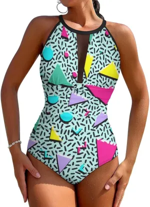 Tummy Control Swimsuits for Women Slimming One Piece Bathing Suit Retro Halter Push Up Swimwear