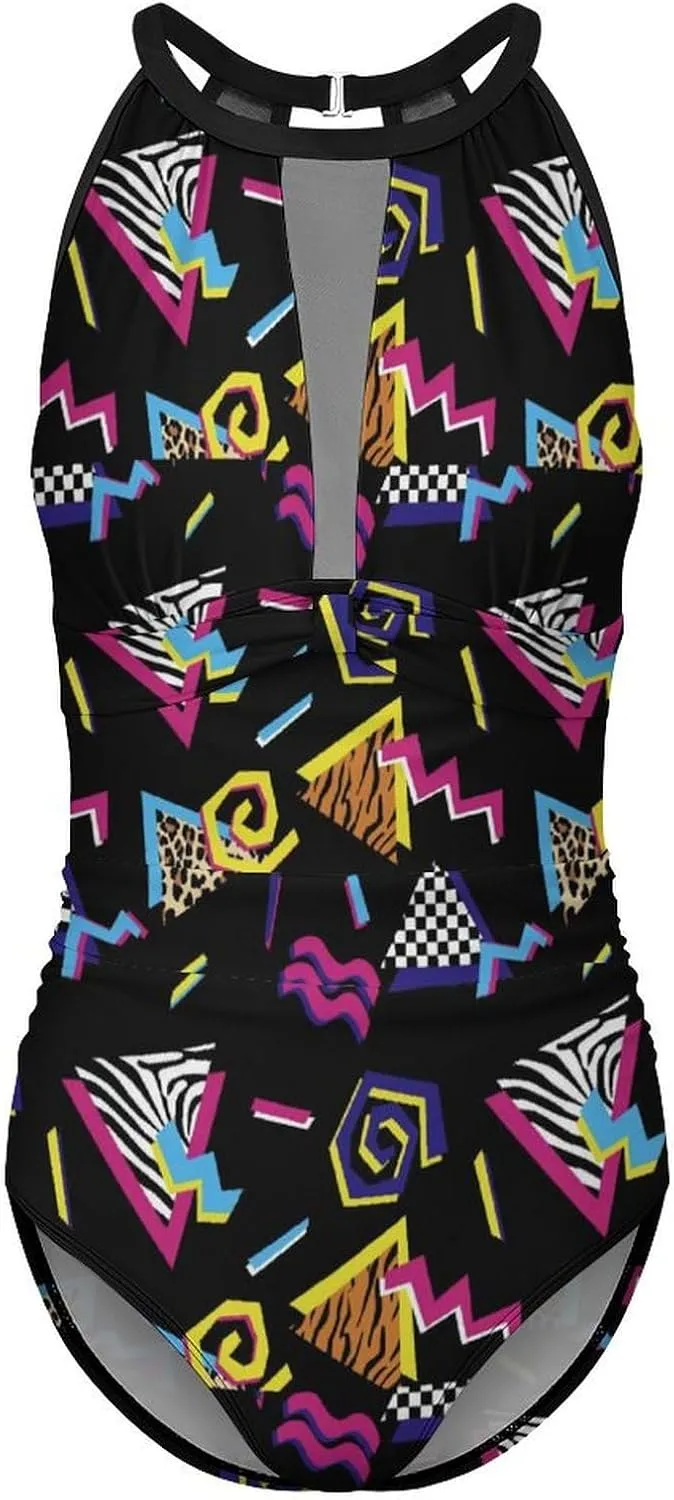 Tummy Control Swimsuits for Women Slimming One Piece Bathing Suit Retro Halter Push Up Swimwear