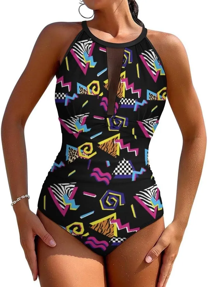 Tummy Control Swimsuits for Women Slimming One Piece Bathing Suit Retro Halter Push Up Swimwear