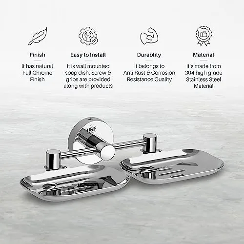 U-S-F BATH ACCESSORIES Premium 304 Grade Stainless Steel Soap Holder - Stylish and Durable Soap Dish for Bathroom, Dual Soap Tray with Modern Design (Chrome Finish, Pack of 1)