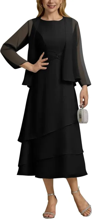 UZN Women's Long Mother of The Bride Dresses for Wedding Chiffon V Neck Long Sleeve Formal Evening Dress