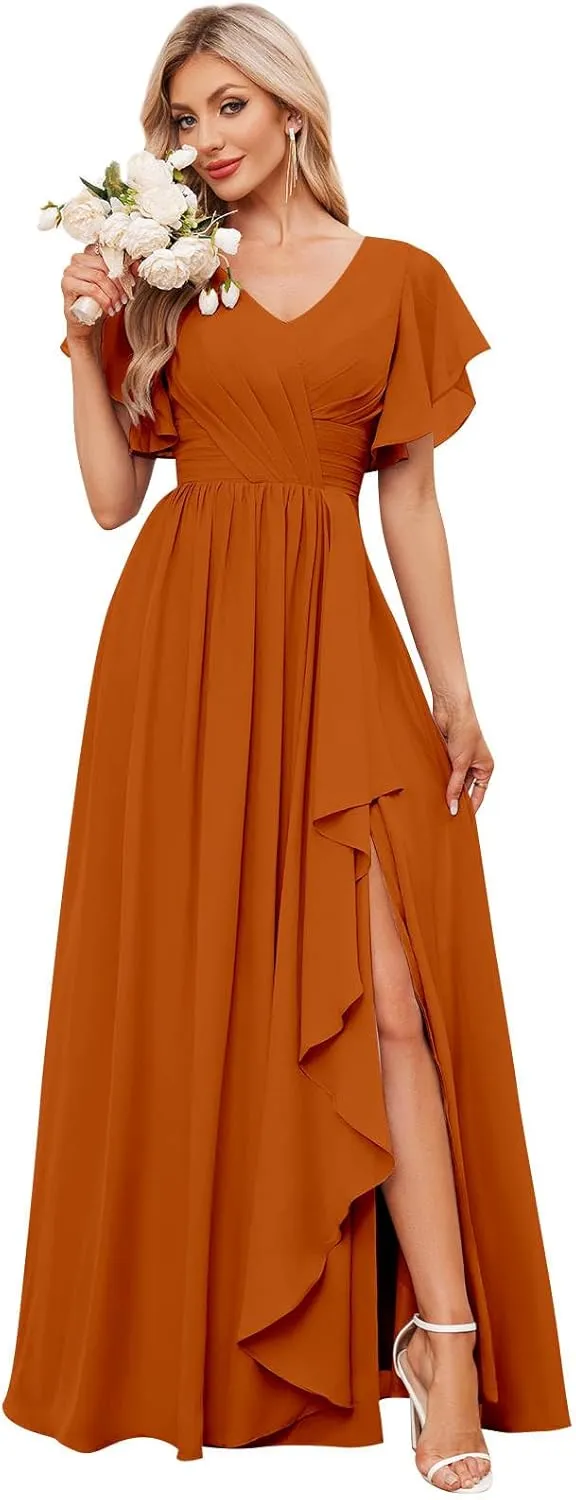 V Neck Chiffon Bridesmaid Dresses with Slit Long Pleated Formal Evening Gowns