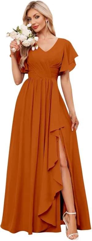 V Neck Chiffon Bridesmaid Dresses with Slit Long Pleated Formal Evening Gowns