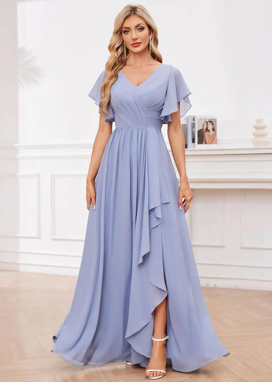 V Neck Chiffon Bridesmaid Dresses with Slit Long Pleated Formal Evening Gowns
